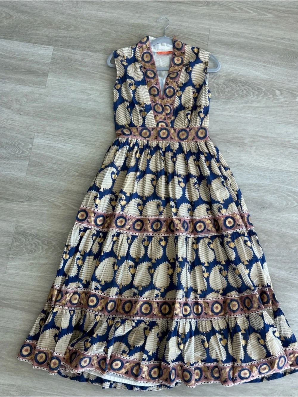 Oliphant Agra Women’s XS Navy Print Maxi Dress V-Neck Tiered Cotton Boho NWOT - Picture 1 of 10